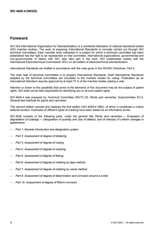 ISO 4628-4:2003 ISO 4628-4:2003 - Paints and varnishes -- Evaluation of degradation of coatings -- Designation of quantity and size of defects, and of intensity of uniform changes in appearance - Page 4 preview