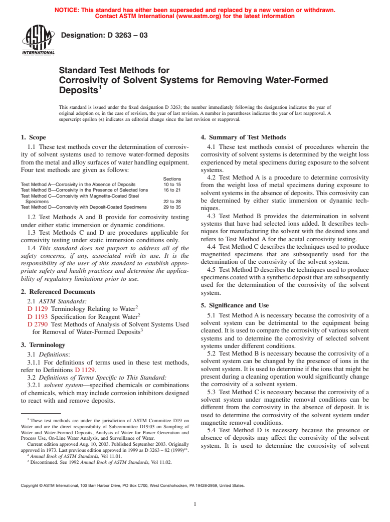 ASTM D3263-03 - Standard Test Methods for Corrosivity of Solvent Systems for Removing Water-Formed Deposits (Withdrawn 2008)