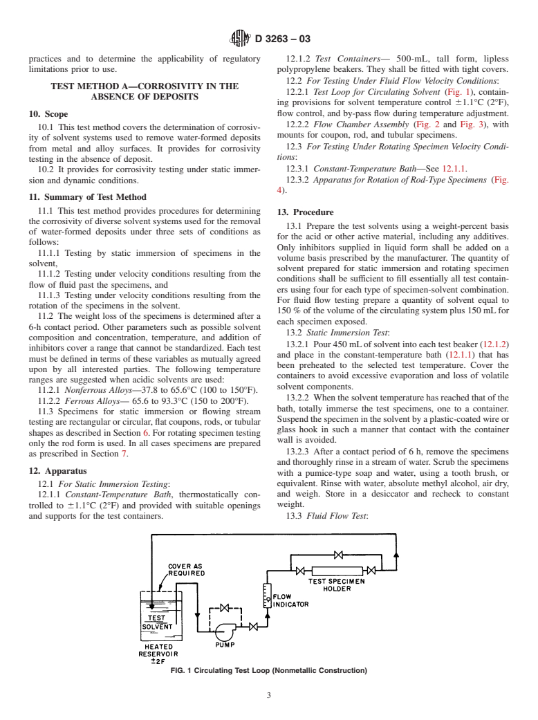 ASTM D3263-03 - Standard Test Methods for Corrosivity of Solvent Systems for Removing Water-Formed Deposits (Withdrawn 2008)