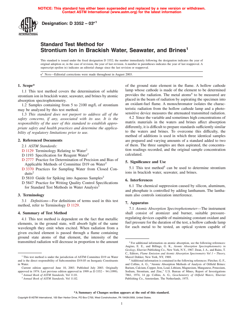 ASTM D3352-03e1 - Standard Test Method for Strontium Ion in Brackish Water, Seawater, and Brines