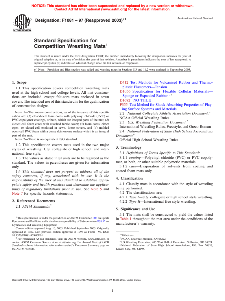 ASTM F1081-97(2003)e1 - Standard Specification for Competition Wrestling Mats