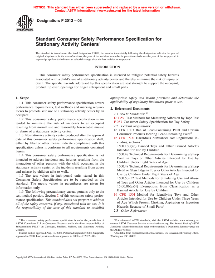 ASTM F2012-03 - Standard Consumer Safety Performance Specification for Stationary Activity Centers