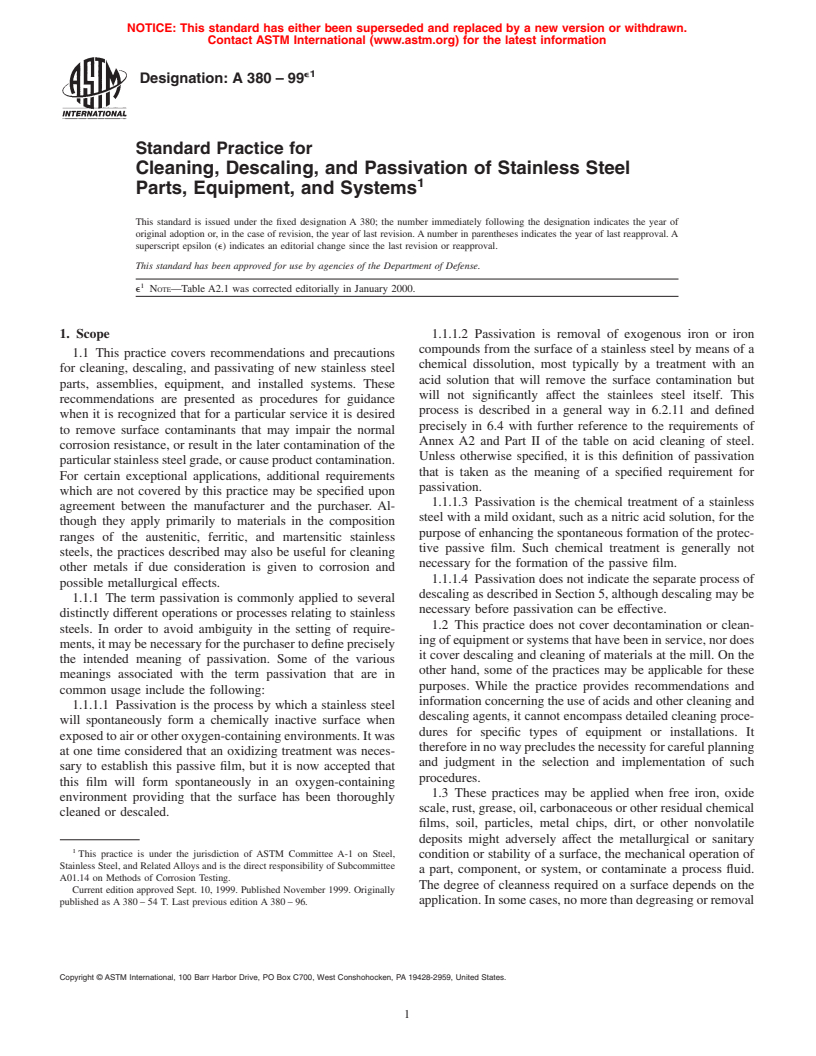 ASTM A380-99e1 - Standard Practice for Cleaning, Descaling, and Passivation of Stainless Steel Parts, Equipment, and Systems