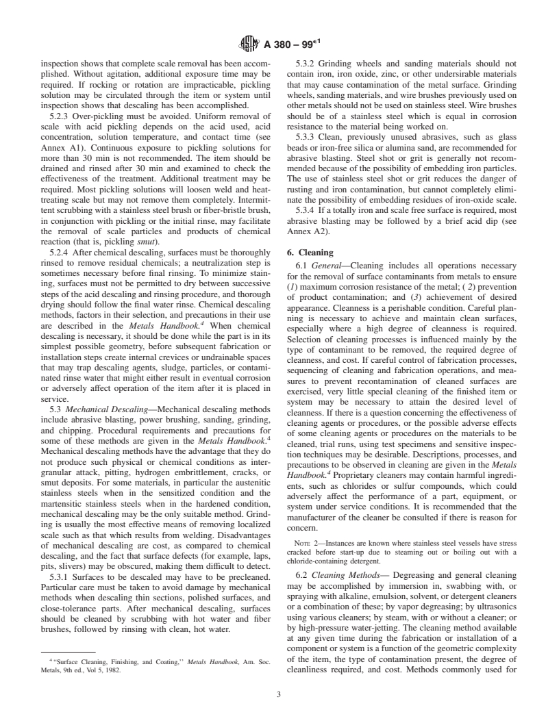 ASTM A380-99e1 - Standard Practice for Cleaning, Descaling, and Passivation of Stainless Steel Parts, Equipment, and Systems