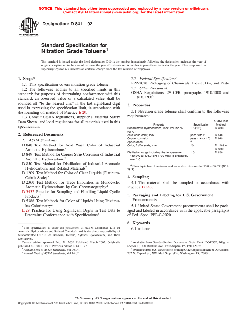 ASTM D841-02 - Standard Specification for Nitration Grade Toluene