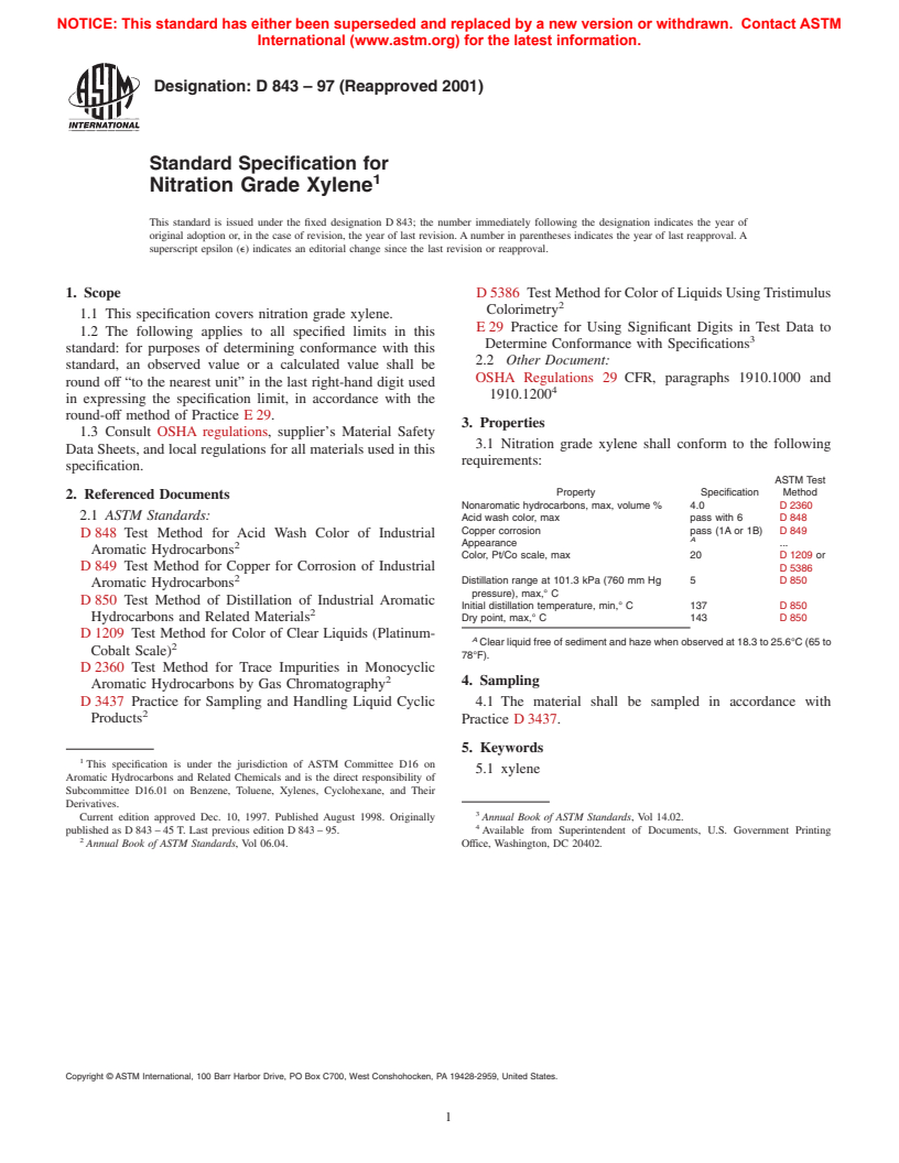 ASTM D843-97(2001) - Standard Specification for Nitration Grade Xylene