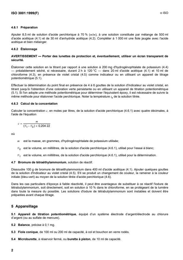 ISO 3001:1999 ISO 3001:1999 - Plastiques -- Compositions époxydiques -- Détermination de l'équivalent époxy - Page 4 preview
