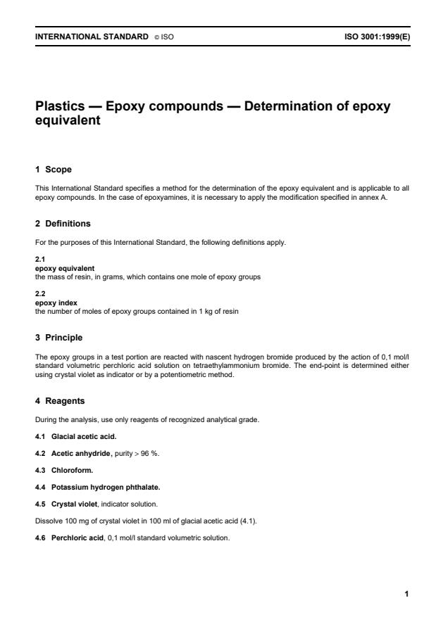 ISO 3001:1999 - Plastics -- Epoxy compounds -- Determination of epoxy equivalent