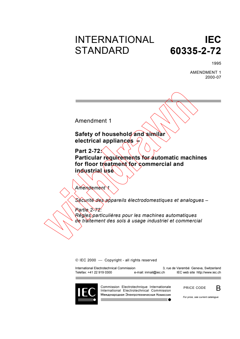 IEC 60335-2-72:1995/AMD1:2000 - Amendment 1 - Safety of household and similar electrical appliances - Part 2-72: Particular requirements for automatic machines for floor treatment for commercial and industrial use
Released:7/13/2000
Isbn:2831852951