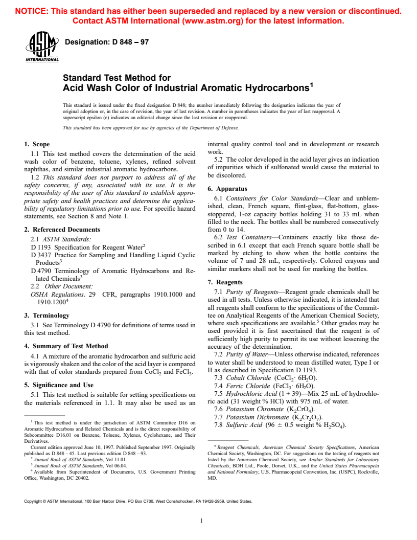 ASTM D848-97 - Standard Test Method for Acid Wash Color of Industrial Aromatic Hydrocarbons