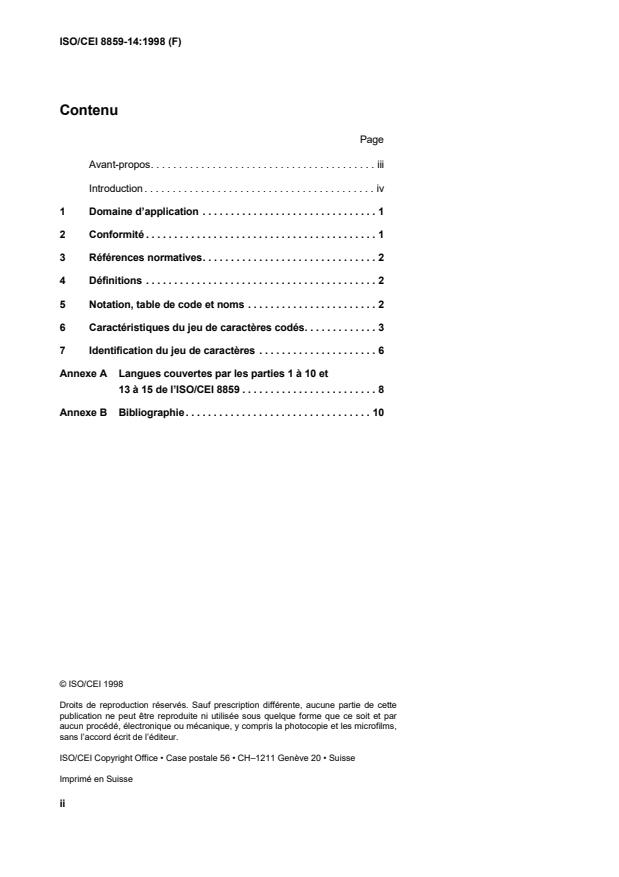 ISO/IEC 8859-14:1998 ISO/IEC 8859-14:1998 - Technologies de l'information -- Jeux de caracteres graphiques codés sur un seul octet - Page 2 preview