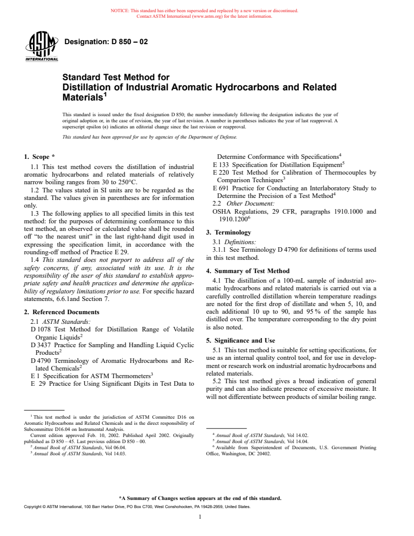 ASTM D850-02 - Standard Test Method for Distillation of Industrial Aromatic Hydrocarbons and Related Materials