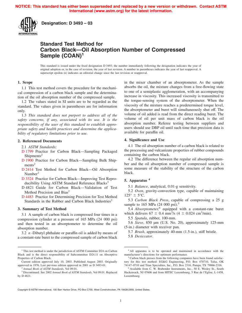 ASTM D3493-03 - Standard Test Method for Carbon Black&#8212;Oil Absorption Number of Compressed Sample