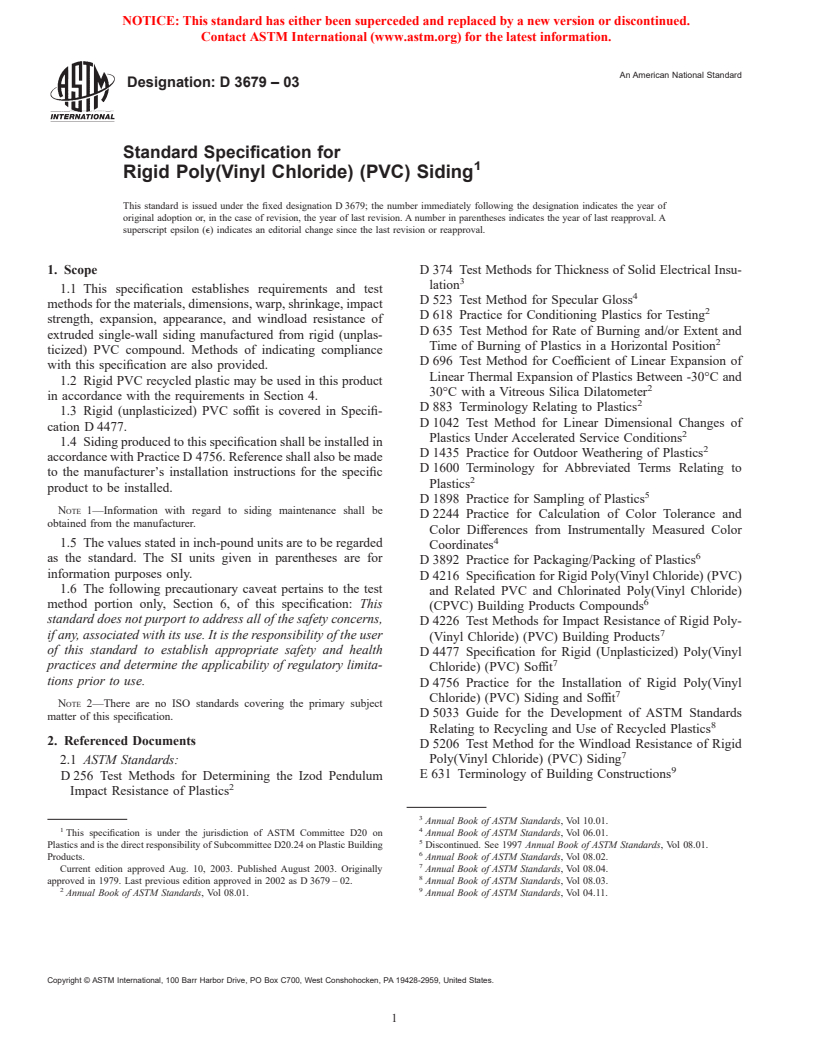 ASTM D3679-03 - Standard Specification for Rigid Poly(Vinyl Chloride) (PVC) Siding