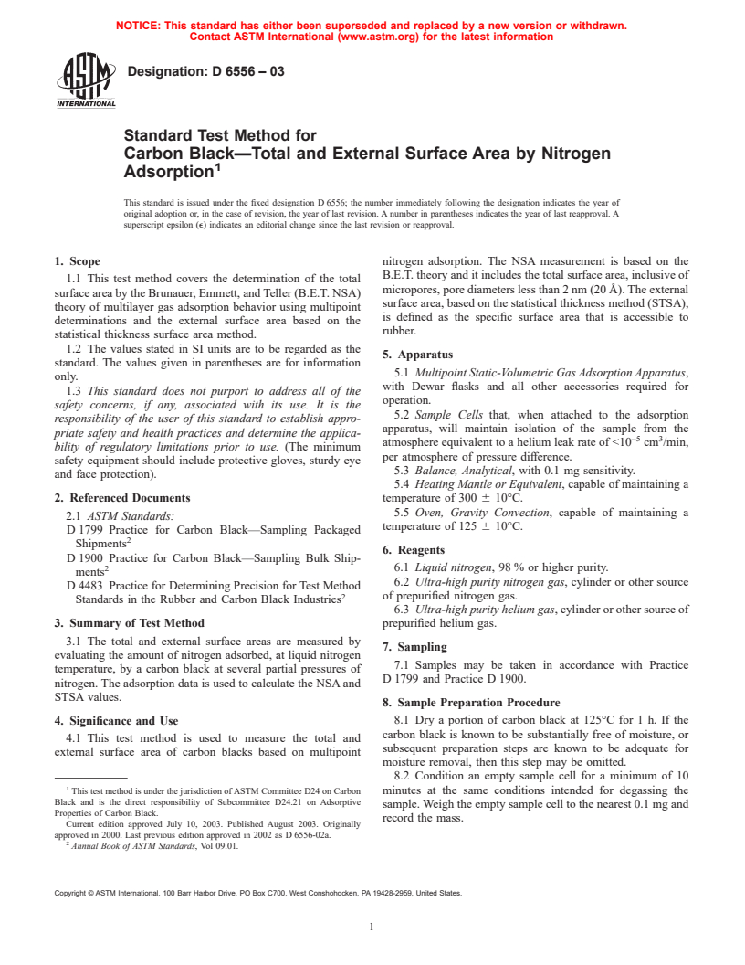 ASTM D6556-03 - Standard Test Method for Carbon Black&#8212;Total and External Surface Area by Nitrogen Adsorption