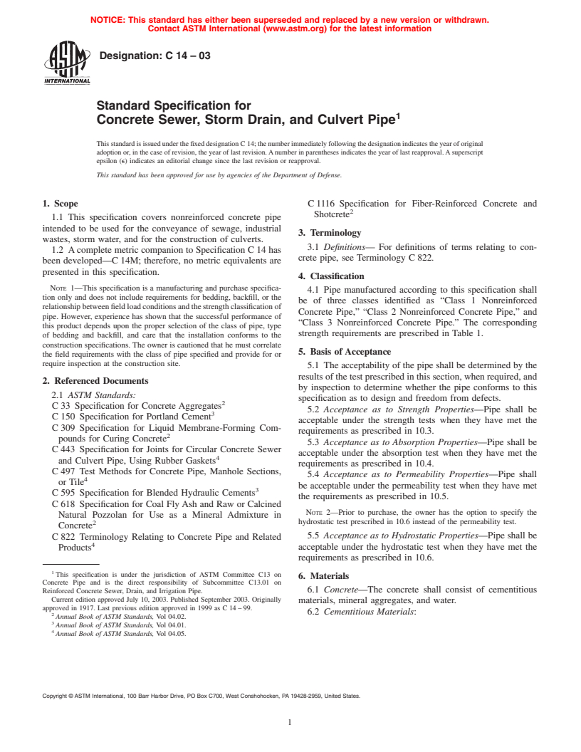 ASTM C14-03 - Standard Specification for Concrete Sewer, Storm Drain, and Culvert Pipe