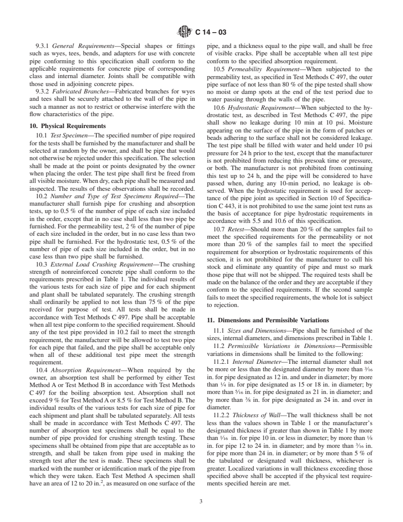 ASTM C14-03 - Standard Specification for Concrete Sewer, Storm Drain, and Culvert Pipe