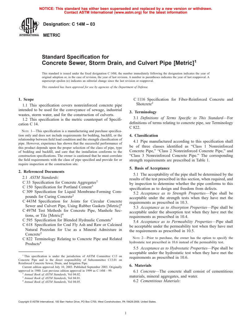 ASTM C14M-03 - Standard Specification for Concrete Sewer, Storm Drain, and Culvert Pipe (Metric)