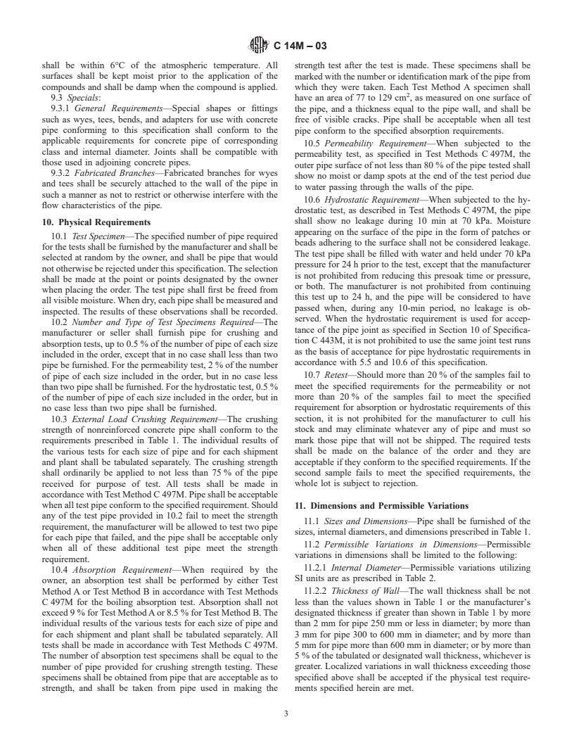 ASTM C14M-03 - Standard Specification for Concrete Sewer, Storm Drain, and Culvert Pipe (Metric)