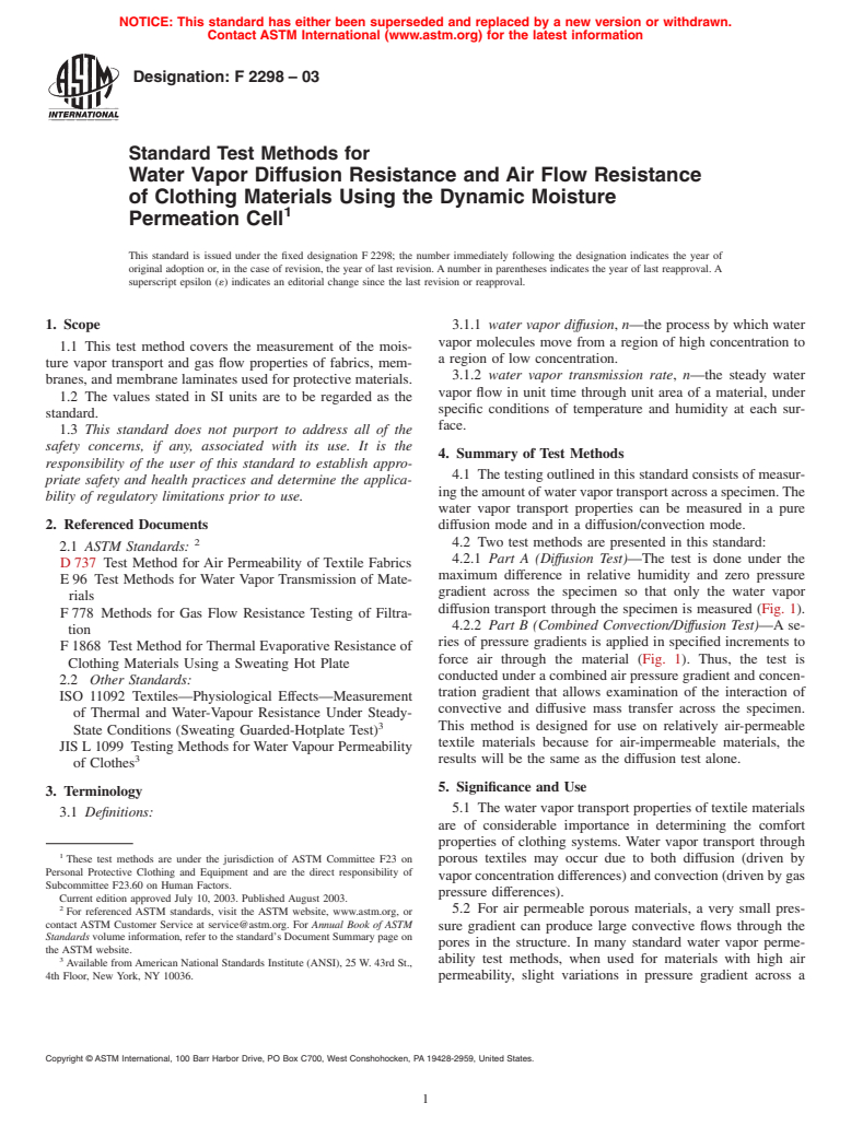 ASTM F2298-03 - Standard Test Methods for Water Vapor Diffusion Resistance and Air Flow Resistance of Clothing Materials Using the Dynamic Moisture Permeation Cell