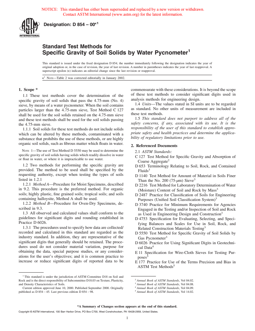 ASTM D854-00e1 - Standard Test Methods for Specific Gravity of Soil Solids by Water Pycnometer