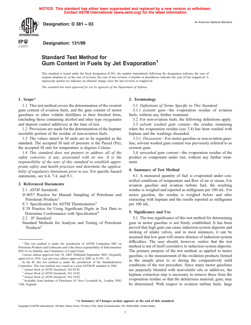 ASTM D381-03 - Standard Test Method for Gum Content in Fuels by Jet Evaporation