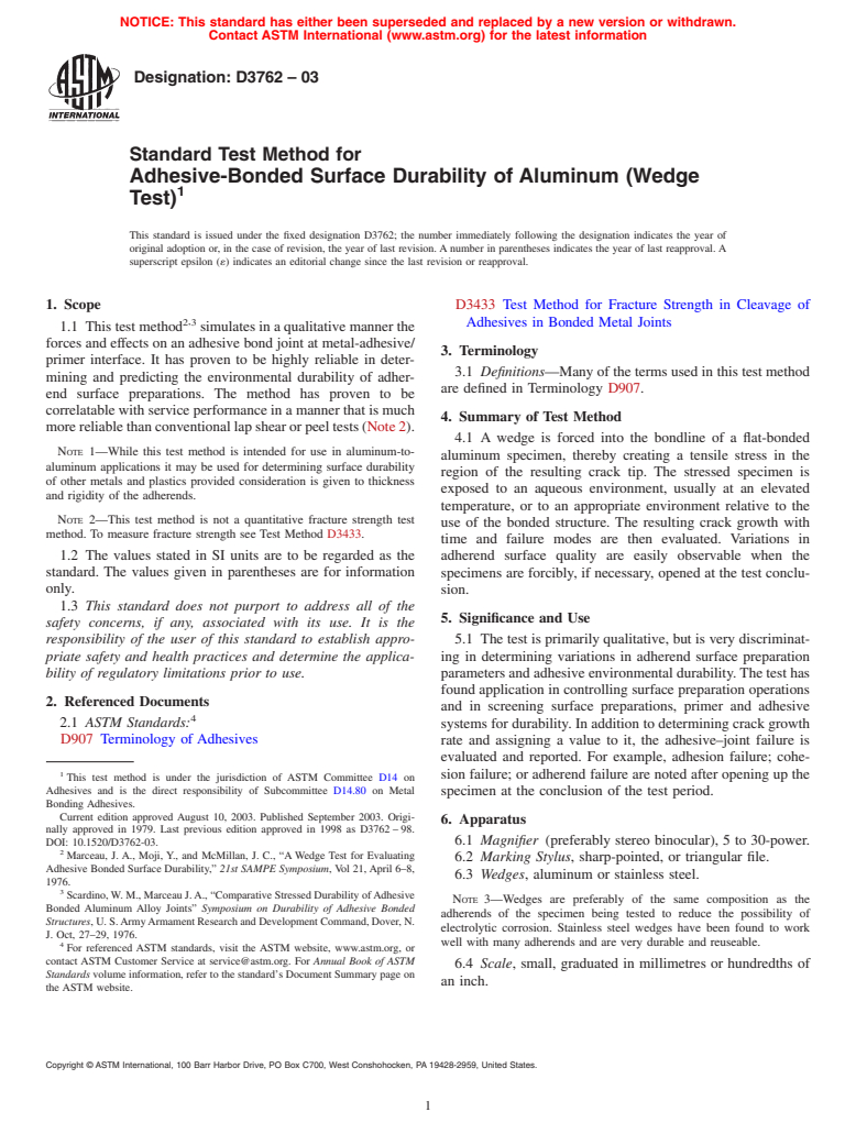 ASTM D3762-03 - Standard Test Method for Adhesive-Bonded Surface Durability of Aluminum (Wedge Test)