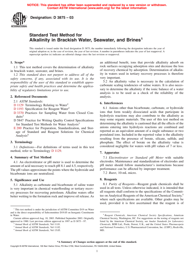 ASTM D3875-03 - Standard Test Method for Alkalinity in Brackish Water, Seawater, and Brines