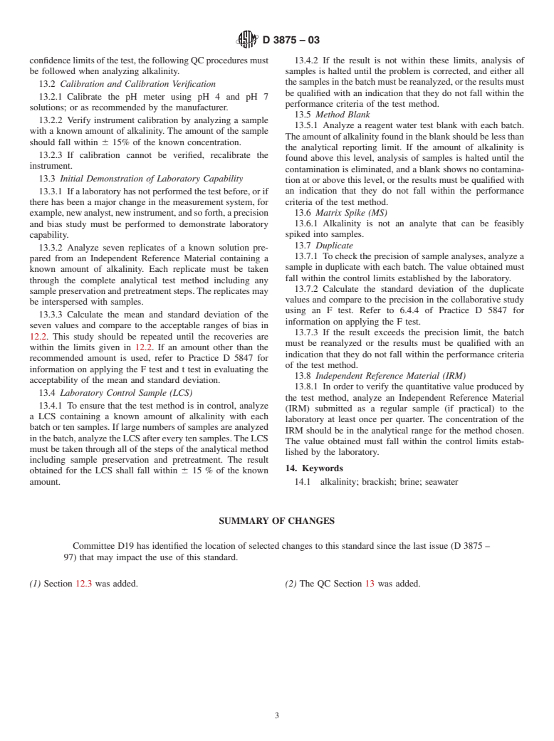 ASTM D3875-03 - Standard Test Method for Alkalinity in Brackish Water, Seawater, and Brines