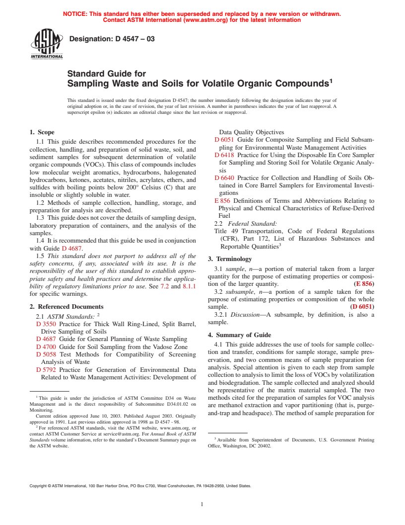 ASTM D4547-03 - Standard Guide for Sampling Waste and Soils for Volatile Organic Compounds