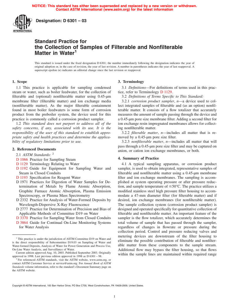 ASTM D6301-03 - Standard Practice for the Collection of Samples of Filterable and Nonfilterable Matter in Water