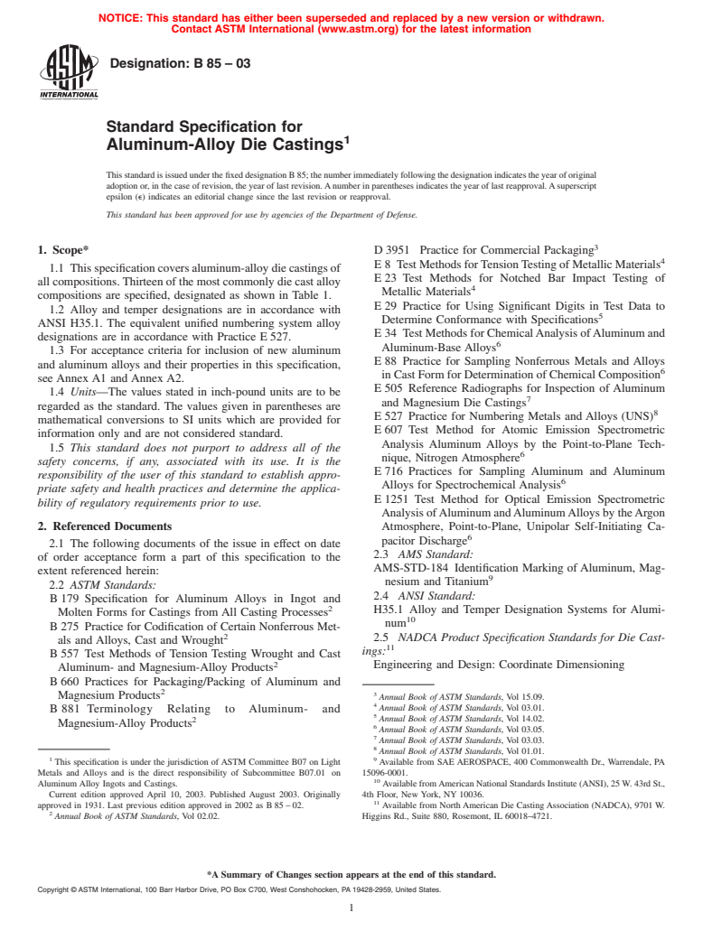 ASTM B85-03 - Standard Specification for Aluminum-Alloy Die Castings