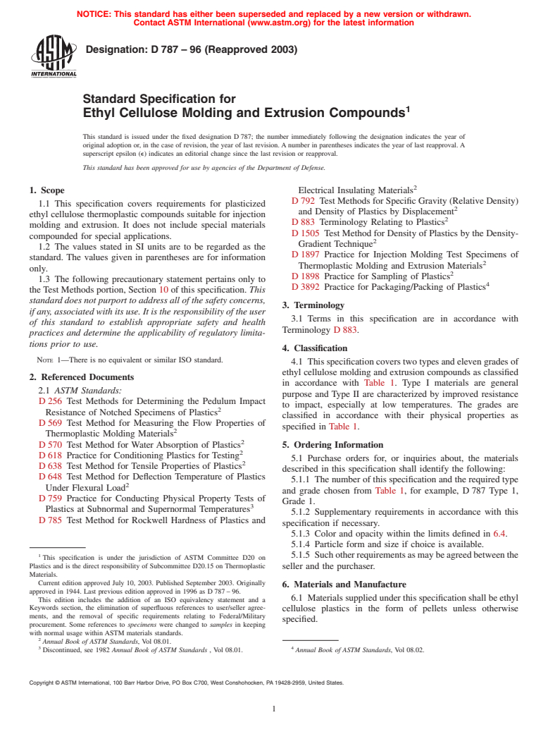 ASTM D787-96(2003) - Standard Specification for Ethyl Cellulose Molding and Extrusion Compounds