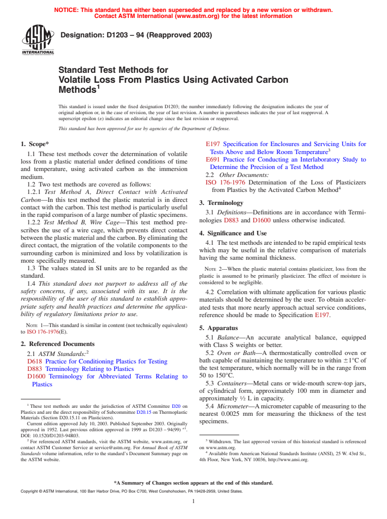 ASTM D1203-94(2003) - Standard Test Methods for Volatile Loss From Plastics Using Activated Carbon Methods