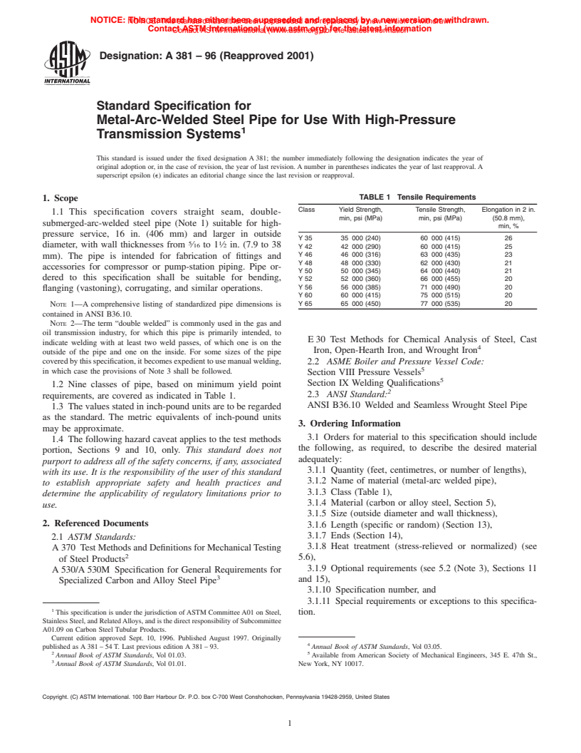 ASTM A381-96(2001) - Standard Specification for Metal-Arc-Welded Steel Pipe for Use With High-Pressure Transmission Systems