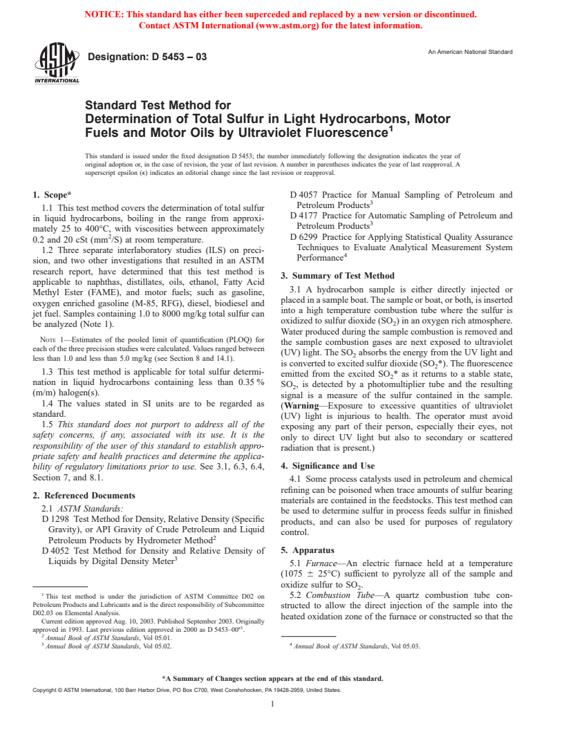 ASTM D5453-03 - Standard Test Method for Determination of Total Sulfur in Light Hydrocarbons, Motor Fuels and Oils by Ultraviolet Fluorescence