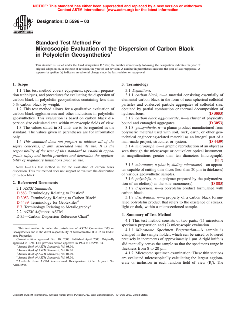 ASTM D5596-03 - Standard Test Method for Microscopic Evaluation of the Dispersion of Carbon Black in Polyolefin Geosynthetics