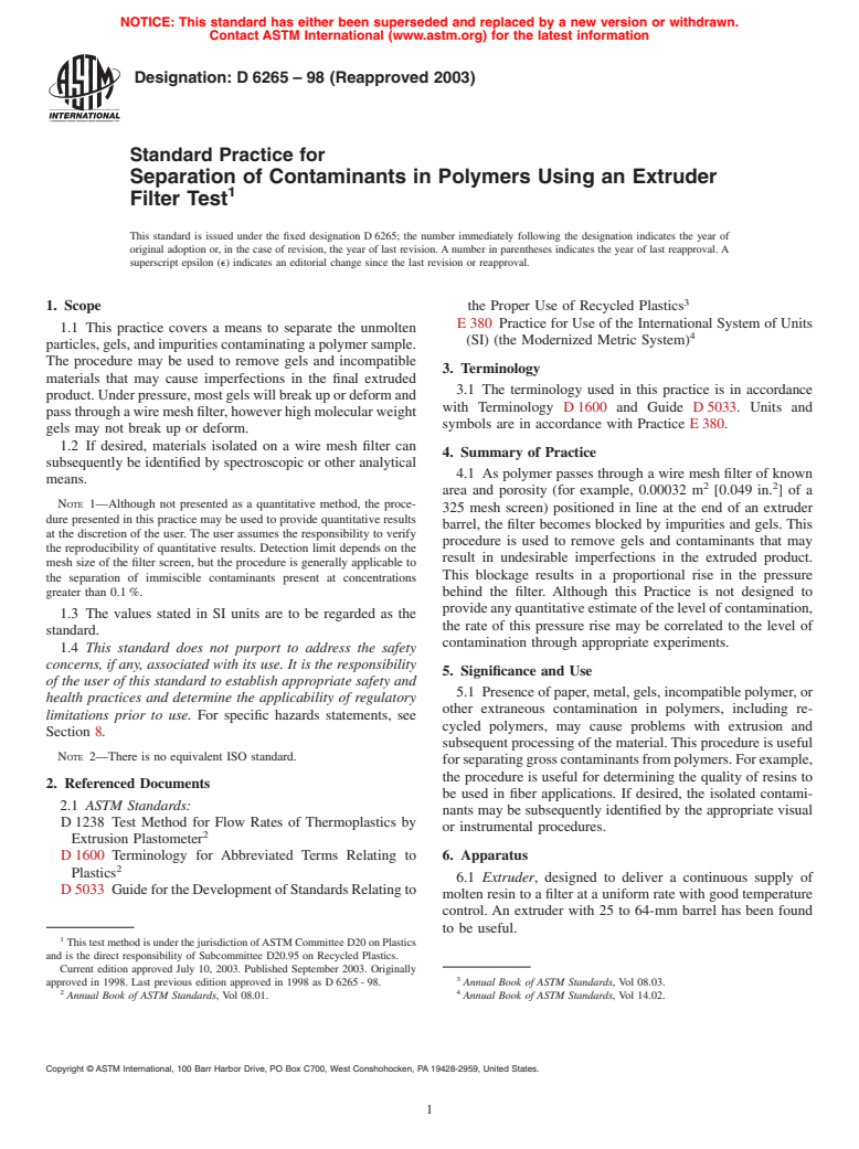 ASTM D6265-98(2003) - Standard Practice for Separation of Contaminants in Polymers Using an Extruder Filter Test