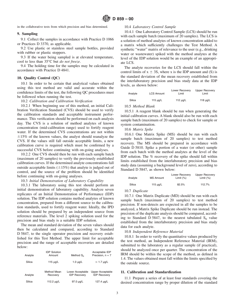 ASTM D859-00 - Standard Test Method for Silica in Water
