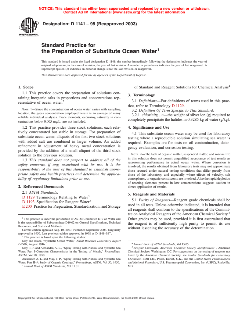 ASTM D1141-98(2003) - Standard Practice for the Preparation of Substitute Ocean Water