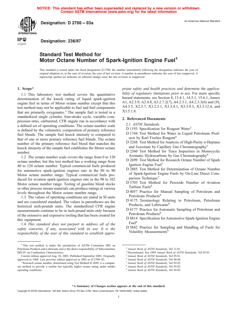 ASTM D2700-03a - Standard Test Method for Motor Octane Number of Spark-Ignition Engine Fuel