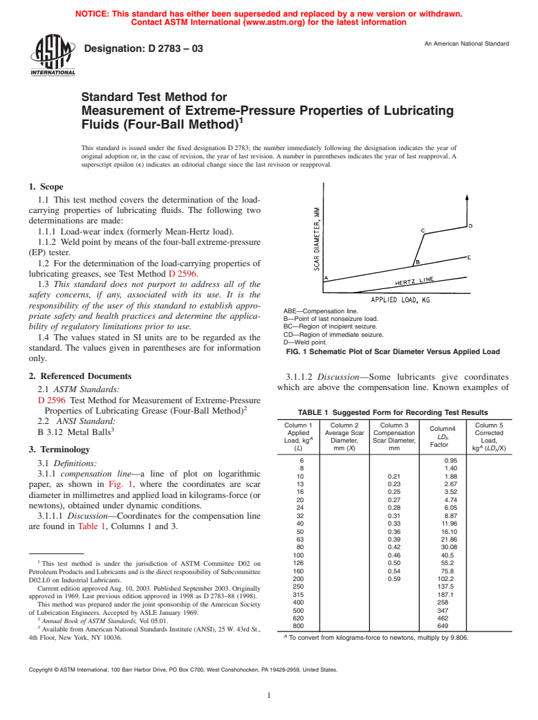 ASTM D2783-03 - Standard Test Method for Measurement of Extreme-Pressure Properties of Lubricating Fluids (Four-Ball Method)