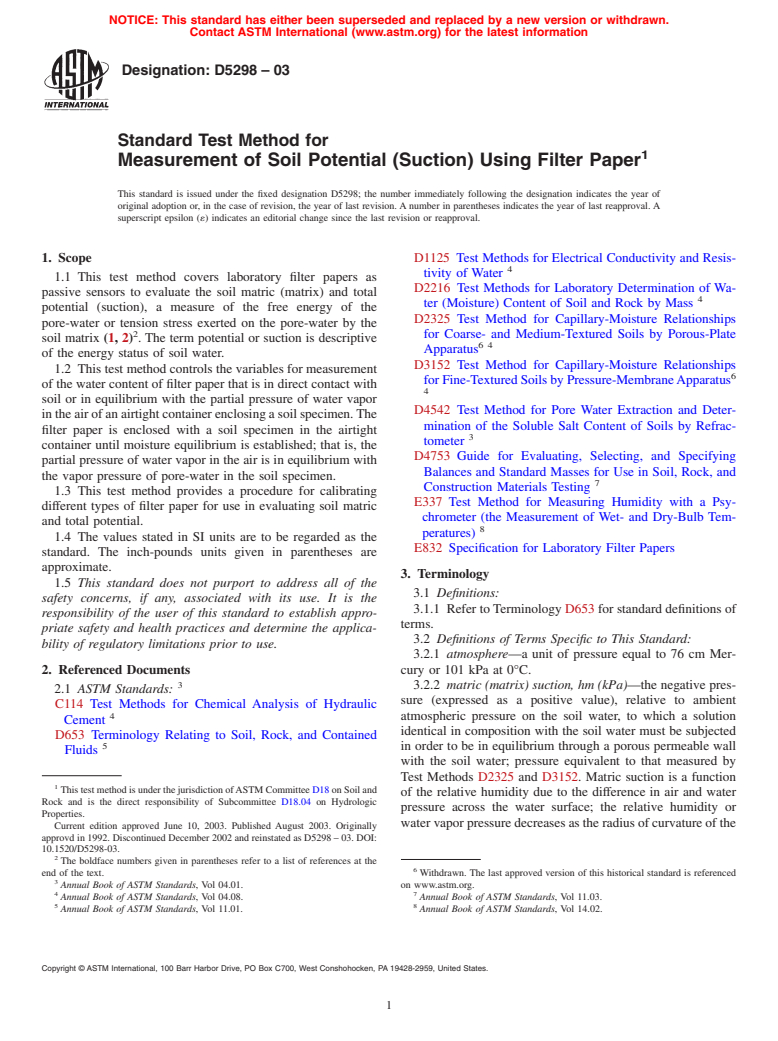 ASTM D5298-03 - Standard Test Method for Measurement of Soil Potential (Suction) Using Filter Paper