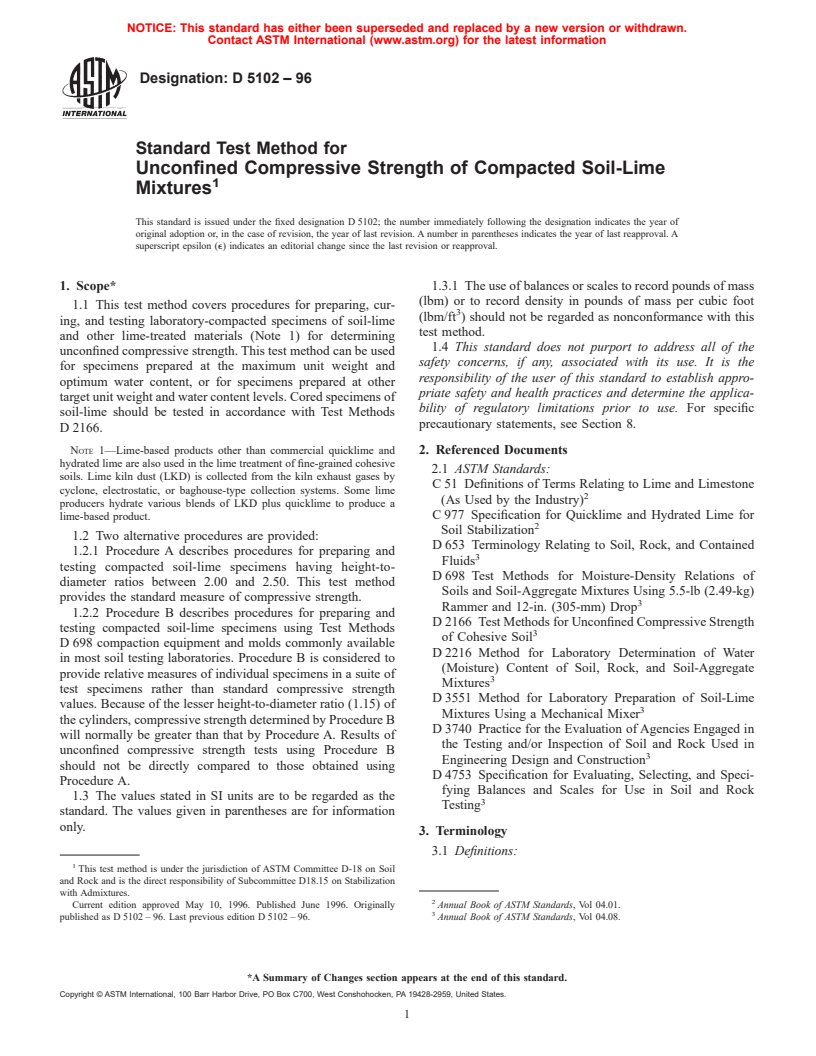 ASTM D5102-96 - Standard Test Method for Unconfined Compressive Strength of Compacted Soil-Lime Mixtures