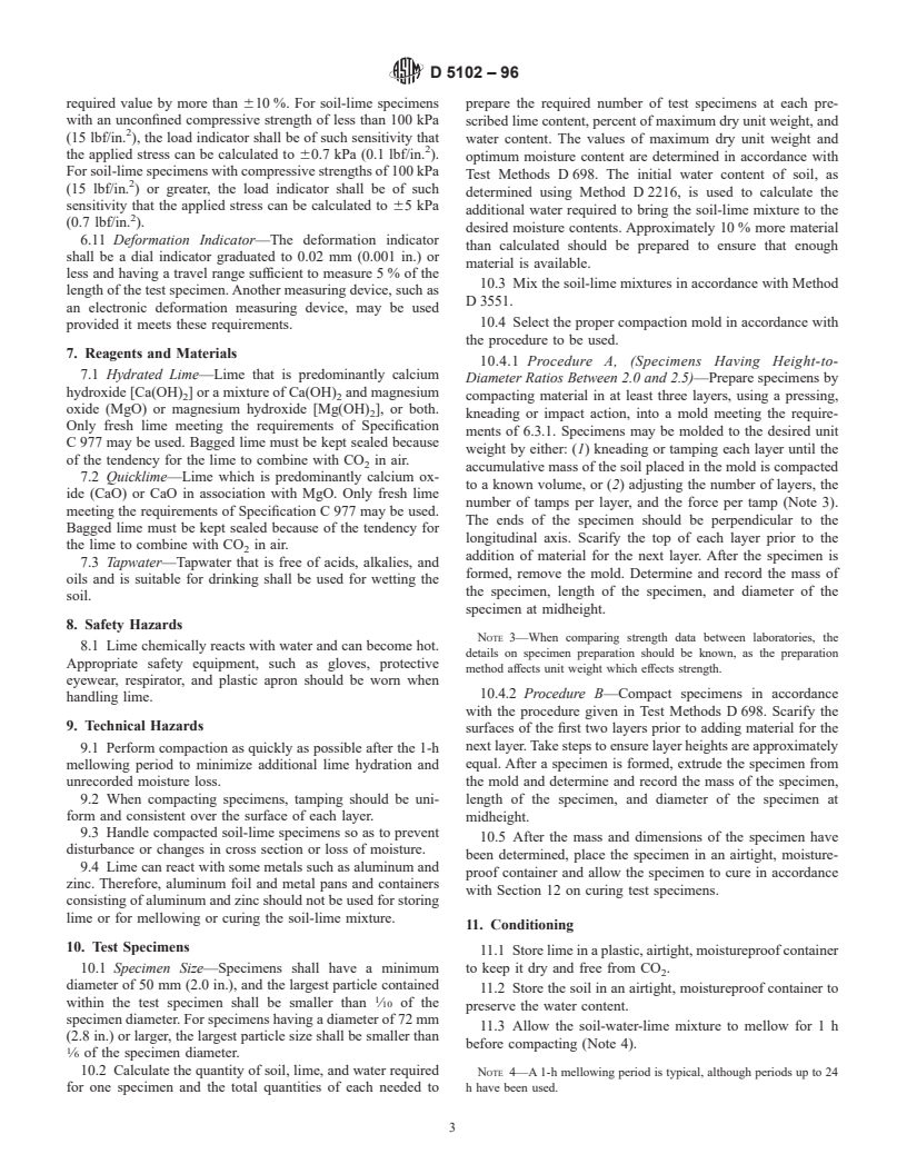 ASTM D5102-96 - Standard Test Method for Unconfined Compressive Strength of Compacted Soil-Lime Mixtures