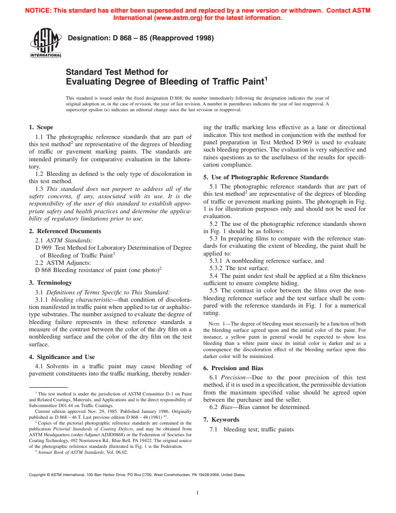 ASTM D868-85(1998) - Standard Test Method for Evaluating Degree of Bleeding of Traffic Paint