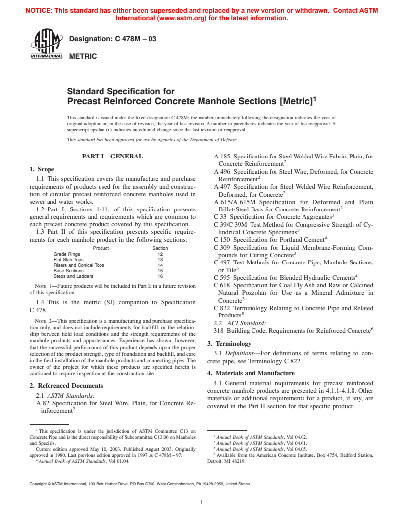 ASTM C478M-03 - Standard Specification for Precast Reinforced Concrete Manhole Sections [Metric]