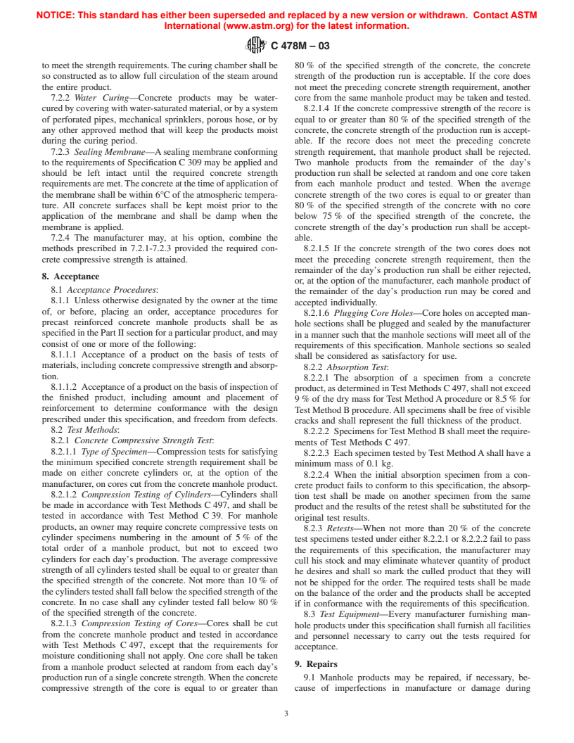 ASTM C478M-03 - Standard Specification for Precast Reinforced Concrete Manhole Sections [Metric]