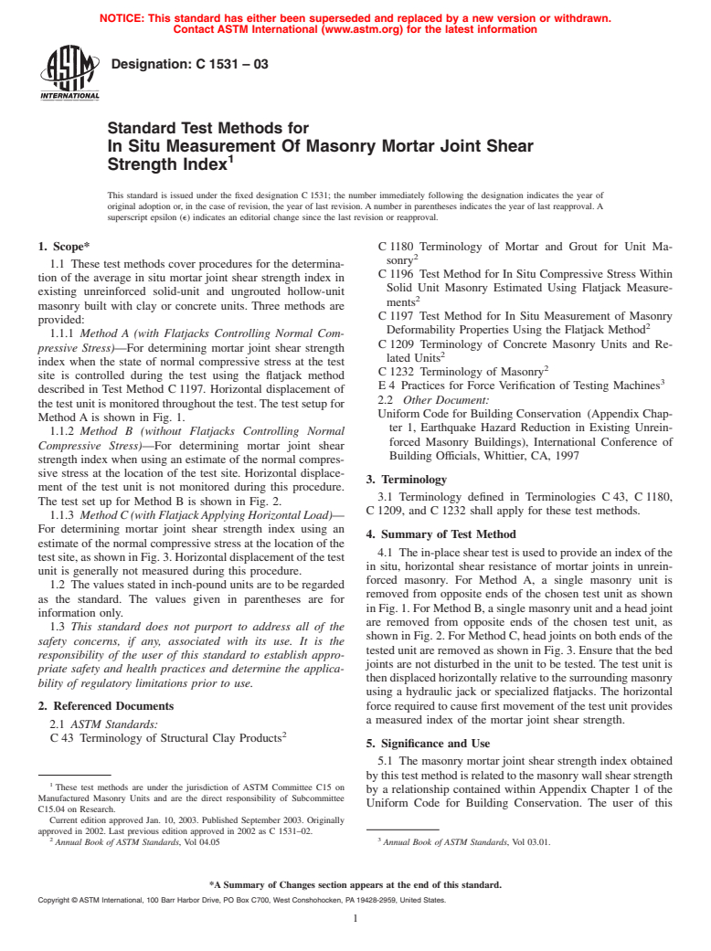 ASTM C1531-03 - Standard Test Methods for In Situ Measurement Of Masonry Mortar Joint Shear Strength Index