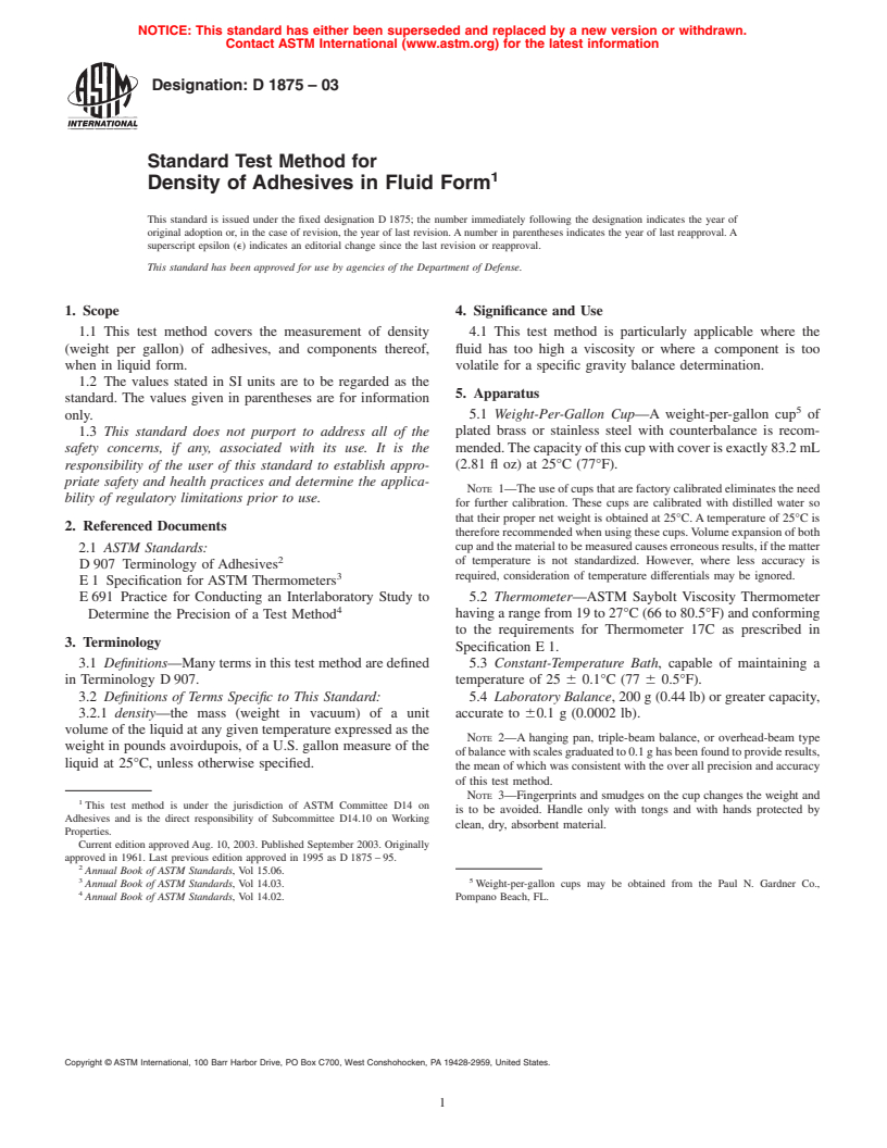 ASTM D1875-03 - Standard Test Method for Density of Adhesives in Fluid Form